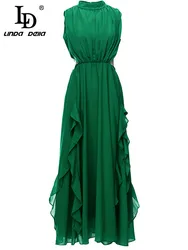 LD LINDA DELLA Fashion Runway Summer Dress Women Sleeveless Hollow out Ruffles Casual Green Elegant Midi Dress