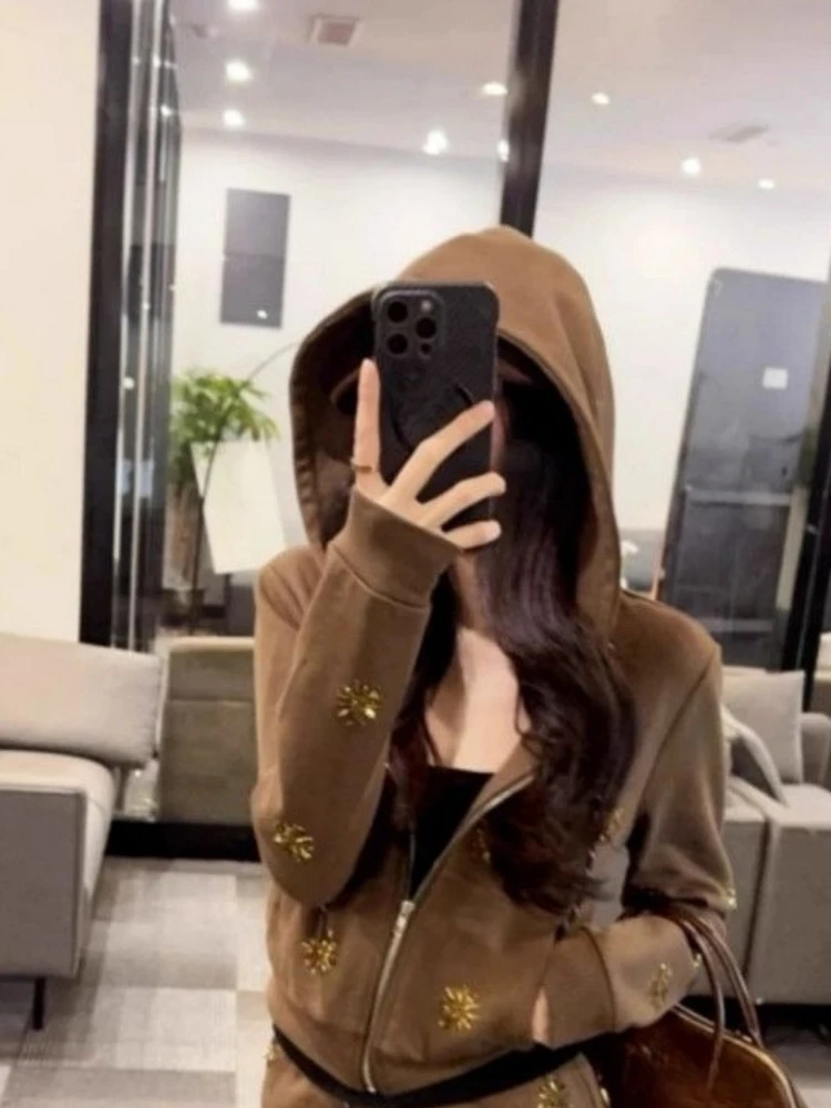 2025 Y2k Aesthetic Two Pieces Set Harajuku Women Casual Rhinestone Hooded Hoody ​+ Migh Waist Drawstring Maxi Skirts Grunge Suit