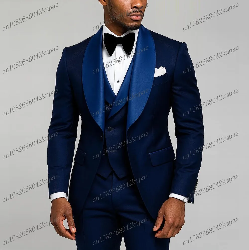 New Navy Blue Formal Men Suit Groom Groomsman Wedding Party Prom Business Male Tuxedos 3 Piece Set Blazer Vest Pants