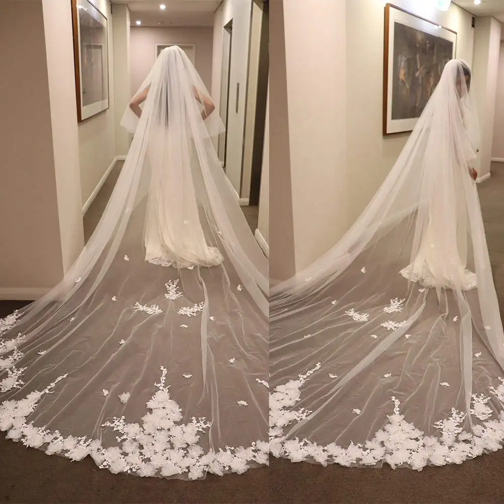 

Wedding Veil 3D Flowers Appliques Tulle Cathedral Length Bride Veils with Comb Bridal Accessories