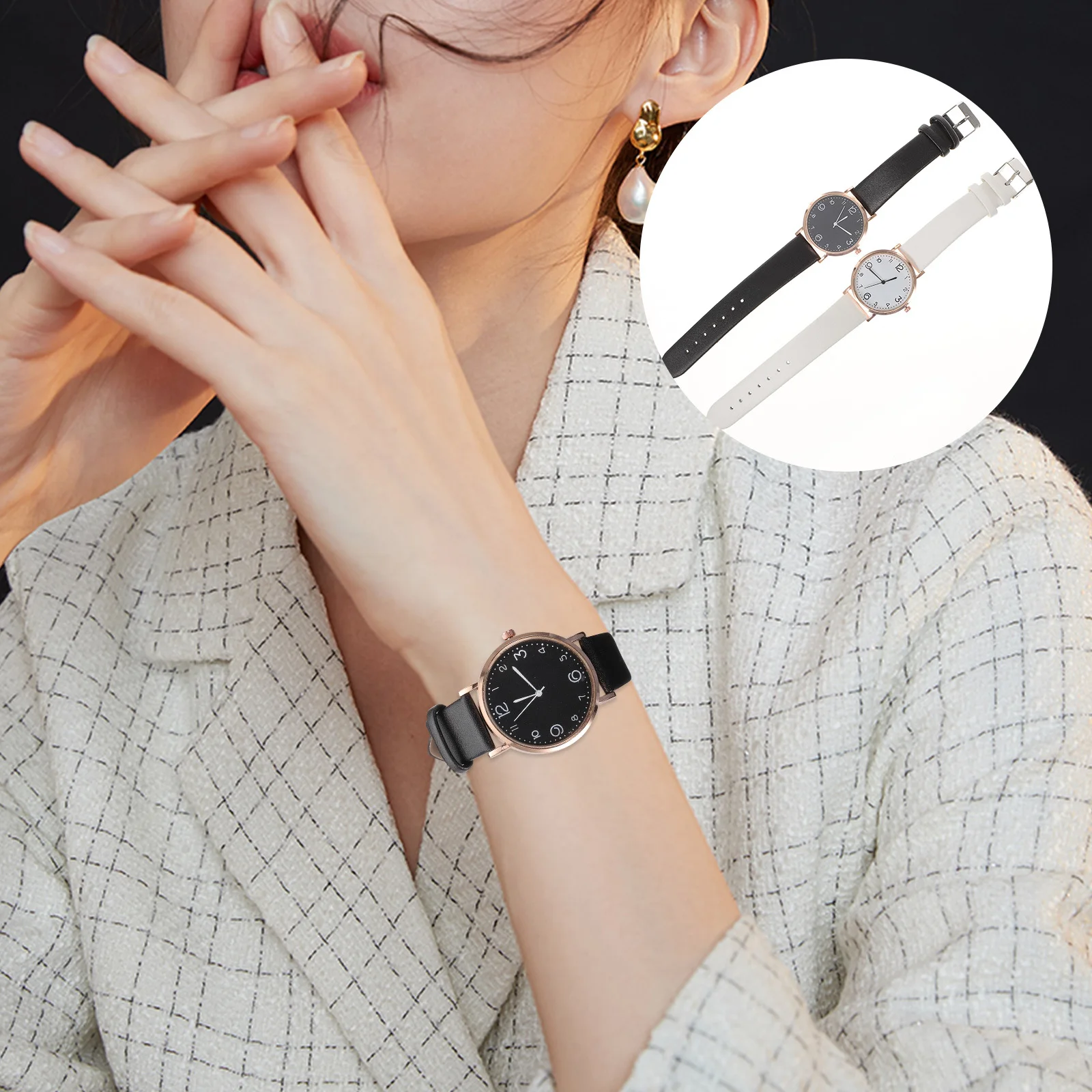 

2 Pcs Quartz Women's Watches Suitable for Dating Classic Casual Female Wrist Alloy PU