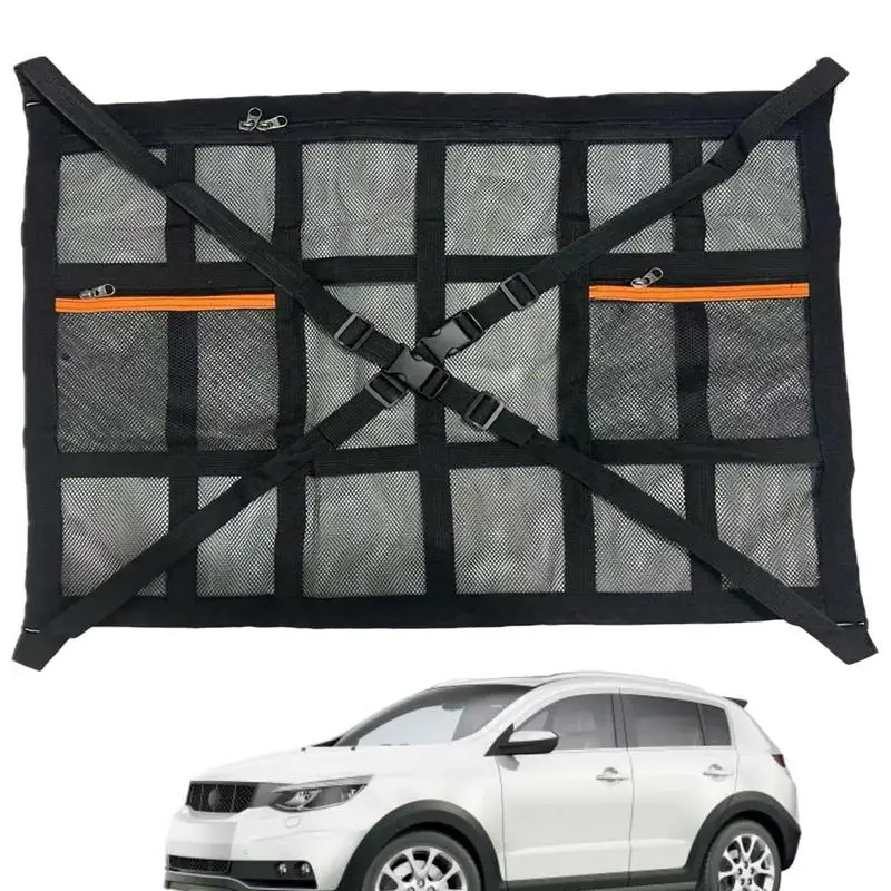 Double Layer Car Ceiling Storage Net Pocket Roof Bag Interior Cargo Adjustable Mesh Sundries Organizer Storage Bags For Van SUV