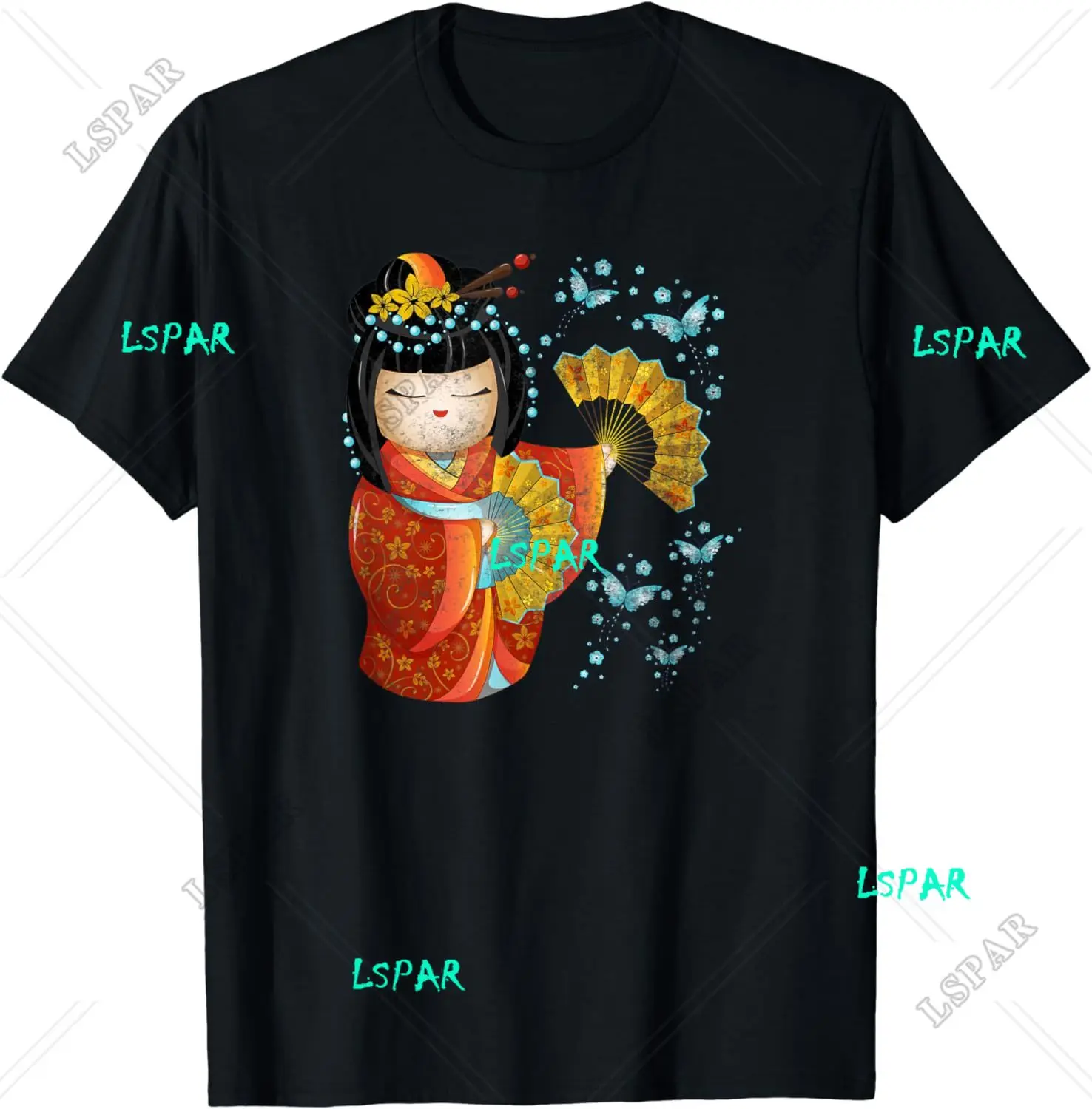 Kawaii Japanese Kokeshi Doll Kimono Geisha Butterflies T-Shirt