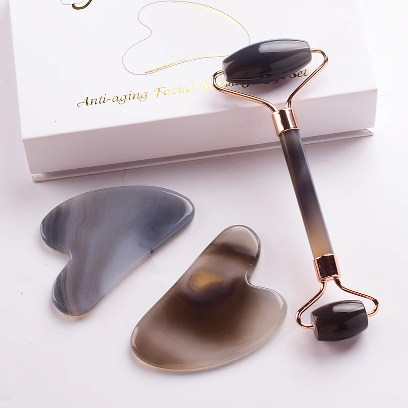 สีเทา Agate Jade Roller เครื่องนวด Gouache Scraper สําหรับใบหน้าเครื่องมือดูแลผิวหน้าธรรมชาติ Body Back Beauty Lifting เครื่องนวด Rolle