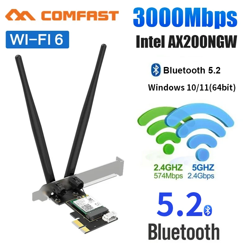 WiFi 6 3000Mbps PCI-E Bluetooth 5.2 Wireless Adapter Intel AX200 Chip BT 5.2 Pci Express Network Card CF-AX200 Antenne Win 10 11