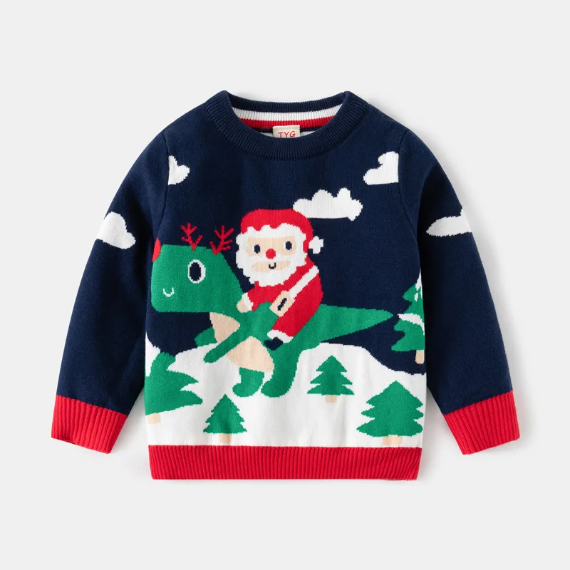 

3-8 years old children's sweater Boy Santa Claus dinosaur jacquard pullover sweater 2024 fall/winter new children's sweater top