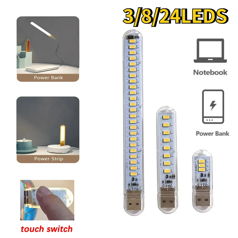 3/8/24LEDS Portable LED USB Light  Book Light Reading Night Lights Ultra Bright 5V Power 3000K-7000K for PC Laptop Mobile Power