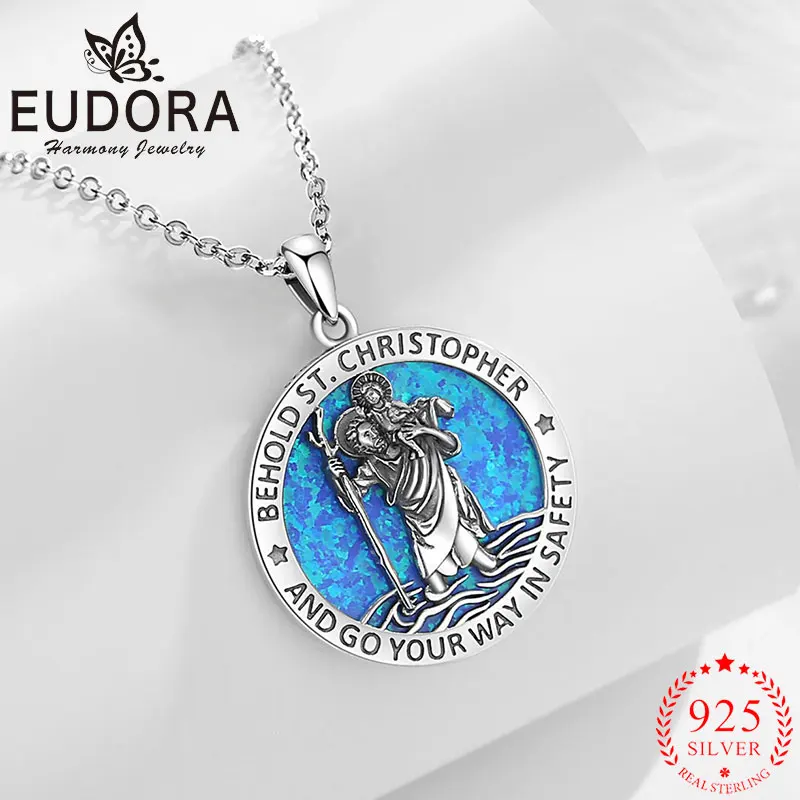 

Eudora 925 Sterling Silver St Christopher Necklace inlay Opal Medallion Pendant Religious Jewelry Men Women Personality Gifts