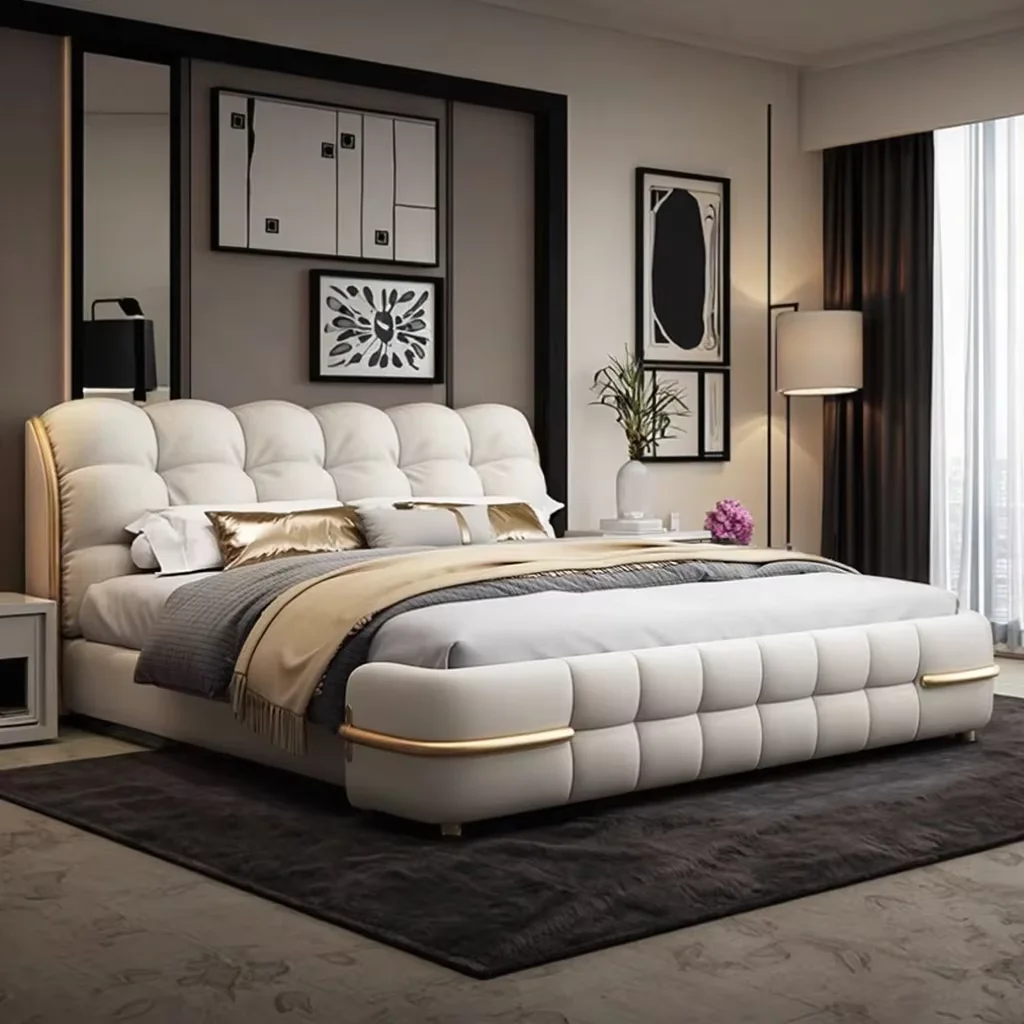 

Luxury 1.8m Double Bed With Adjustable 1.5m Leather Bed & 2m Upholstered Bed Wooden Frame for Home & Hotel Bedroom Use