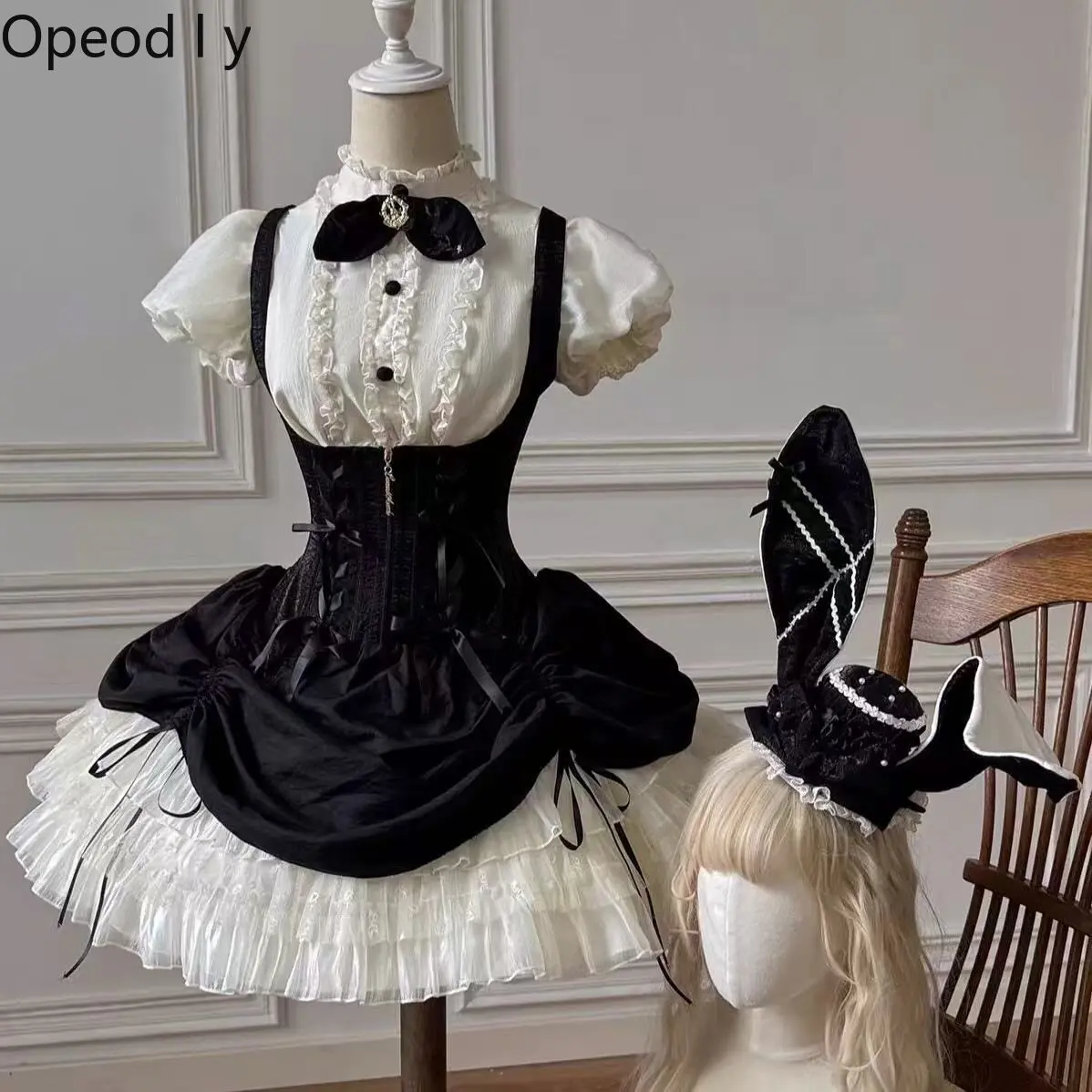 

Japanese Original Lolita Sweet Cute Girl Princess Dress Elegant Bow High Waist Doll Feeling Stand-up Collar Fluffy JSK Dress