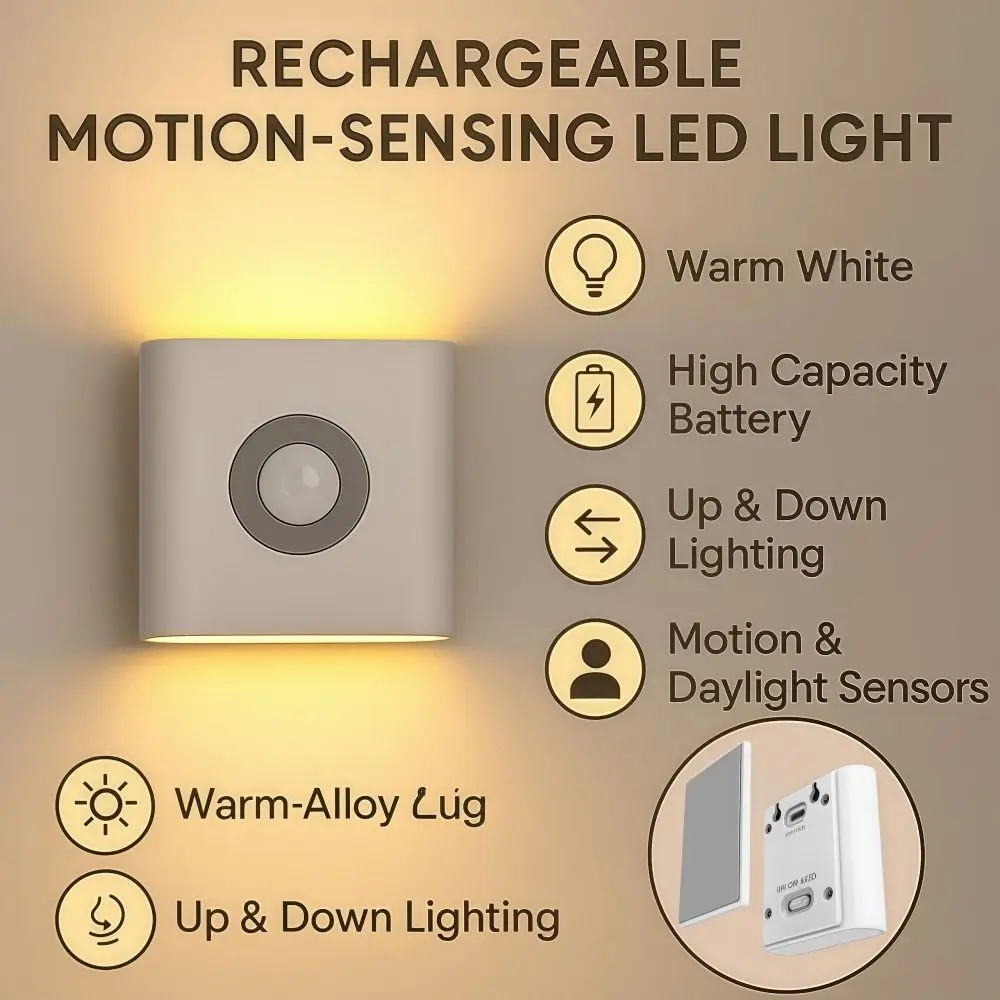 

Rechargeable Motion Sensor Light LED Energy Saving EU US Plug Wall Lamp Warm White Light Wall-mounted Wireless Night Light