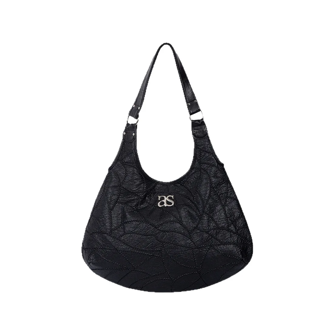Ason 2025 New Korean Style Black PU Leather Sweet & Spicy Embroidered Crackle Large Capacity Shoulder Shell Bag