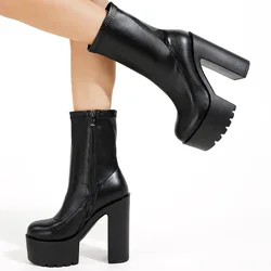 Nuova piattaforma autunno inverno tacchi alti stivaletti da donna stivali da donna in pelle nera con cerniera a punta tonda scarpe da donna gotiche di lusso Sexy nero