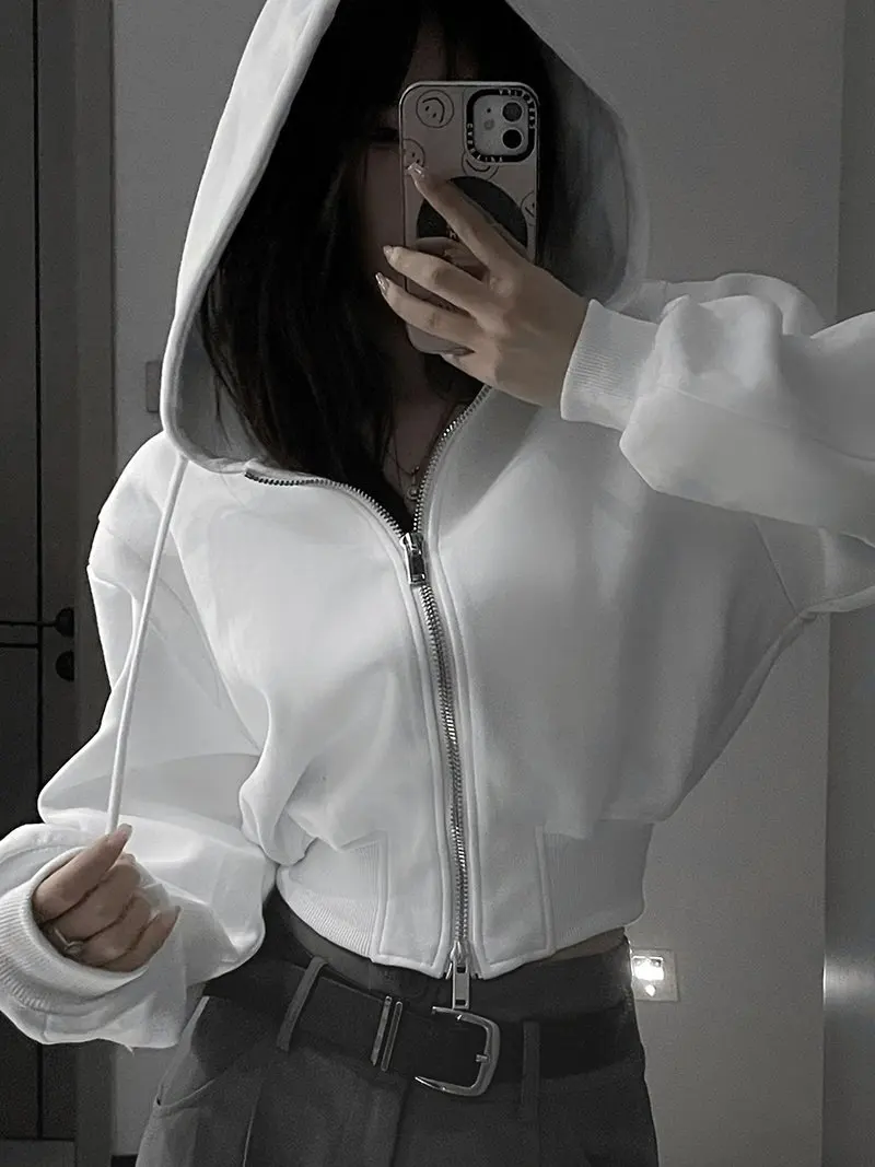 

Casual Short Hooded Sweatshirt Women Zip Up Hoodies Korean Solid Harajuku Long Sleeve Slim Fit Crop Top Female Jackets Coat Y2k