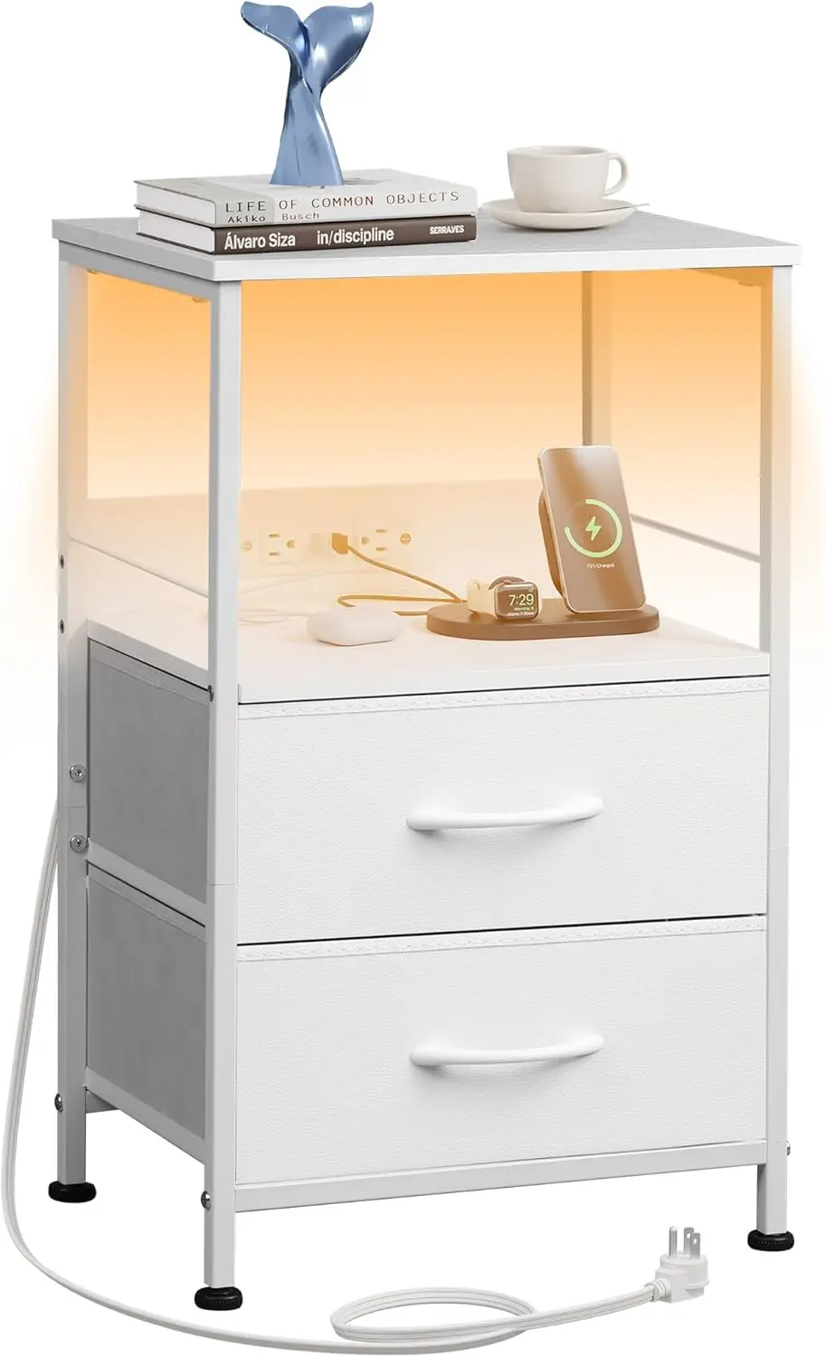 White Night Stand with Charger Station, LED Nightstand , Bedside Table with 3 USB Ports and 2 Outlets, Small Dresser for Bedroom