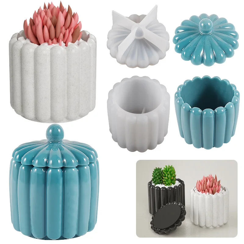 

Vertical Striped Candle Jar Silicone Mold DIY Succulent Flower Pot Concrete Cement Mould Storage Box Plaster Resin Mold with Lid