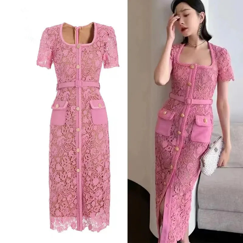 Wybieg mody lato różowa koronka obcisła sukienka Vintage kobiety kwadratowy kołnierzyk złoty guzik haft w kwiaty Bodycon długie sukienki