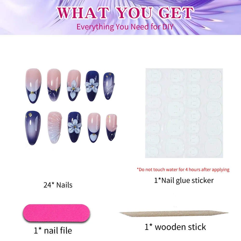 Élevez votre style avec, 24 pièces de longs ongles 3d en amande, fabrique des ongles en fleurs avec un design scintillant, pointe française, presse sur les amandes