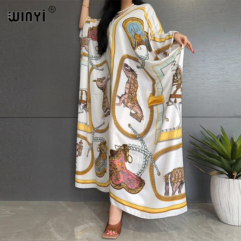 

WINYI 2023 Summer Middle East Fashion boho Popular printed Silk Kaftan Maxi dress Beach Bohemian Caftan long dress for lady