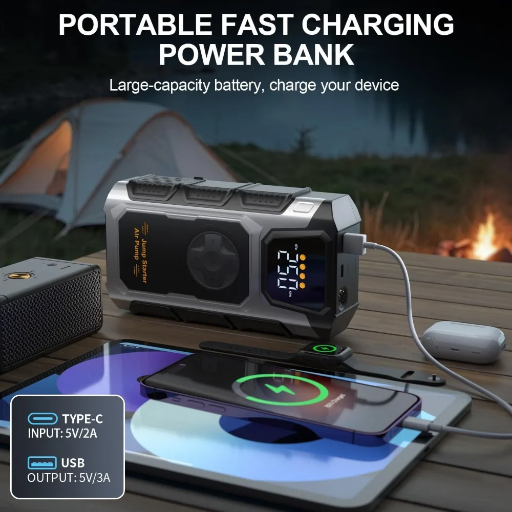 مشغل قفز السيارة مع ضاغط هواء، بطارية محمولة 5500 أمبير (غاز 9.0 لتر/ديزل 7.5 لتر)، صندوق قفز قوة بطارية السيارة 12 فولت