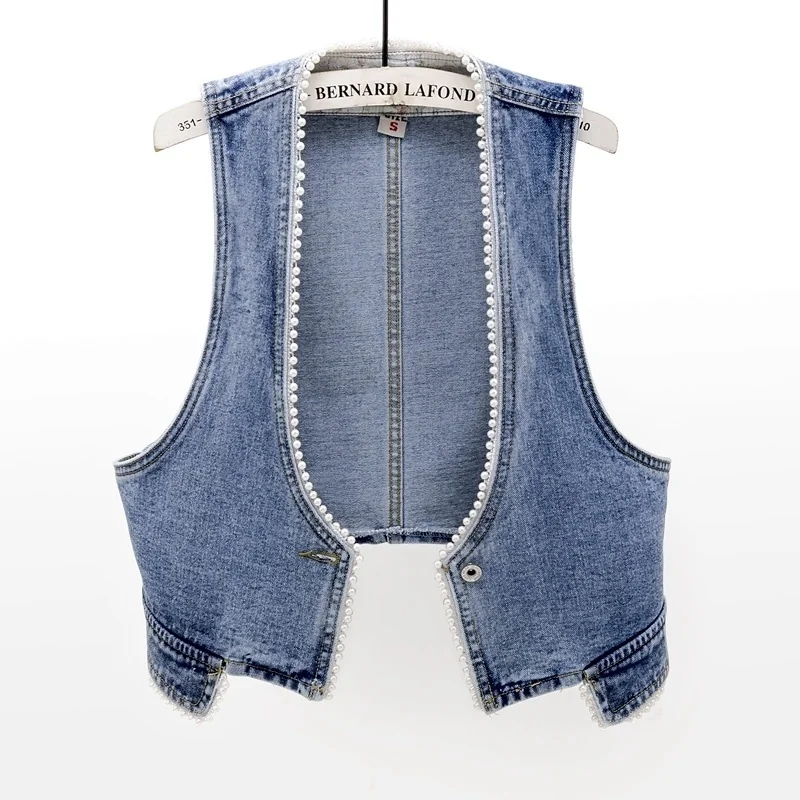 

Autumn Vintage Blue V Neck Beading Denim Vest Women Slim Short Waistcoat Cowboy Sleeveless Jacket Coat Korean Jeans Vest Female