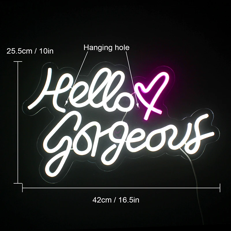 Hello Gorgeous Neon Sign LED Room Wall Decor, USB 62, Acrylique avec interrupteur, Kids Room, Party Bar, Club Decor