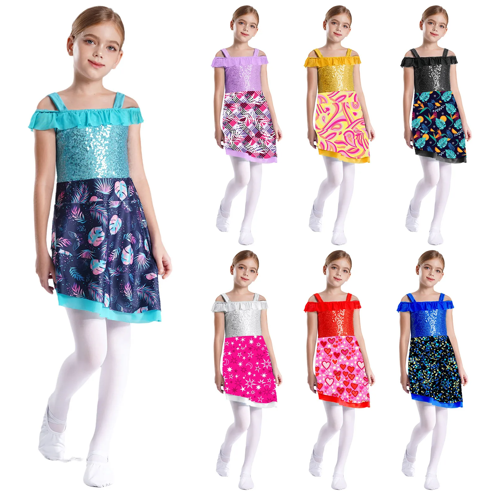 Vestido de dança tutu de balé para crianças, meninas, ginástica, treino, roupa de dança, bainha assimétrica, vestidos estampados para performance escolar