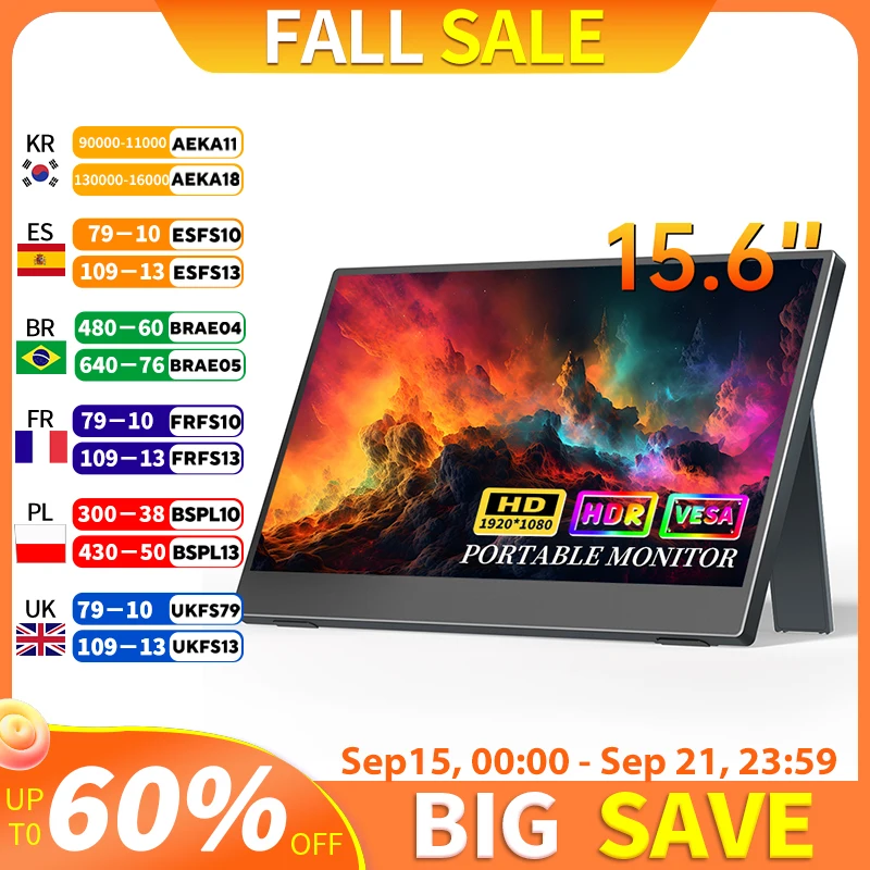 

Portable Monitor 15.6inch 1080P ADS IPS Display USB-C HDMI for Laptop Switch Phones PS5/4 Xbox Built-in Speaker