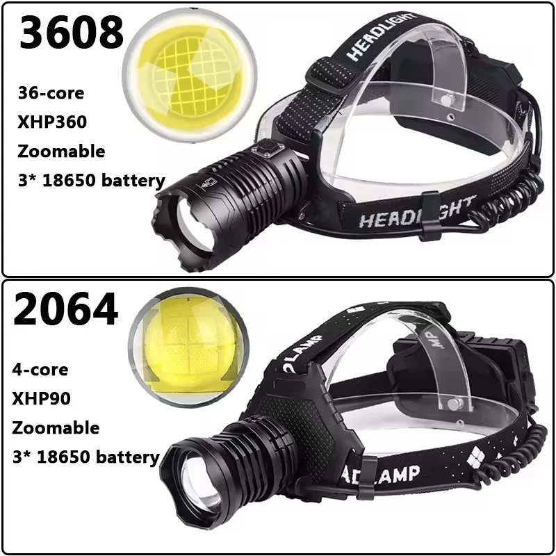 XHP360/P70 High Power LED Headlamp Strong Light Headlight Type-C/Micro USB Rechargeable Waterproof Flashlight Fishing Camping