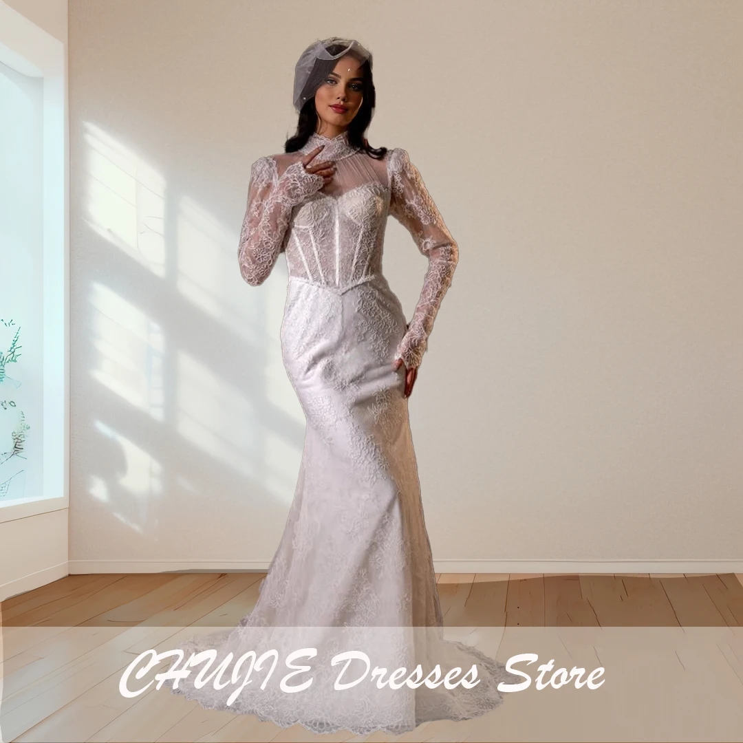 

High Neck White Lace Wedding DressesLong Sleeves Mermaid Bridal Gowns Customized Bride Dress Свадебное платье فستان الزفاف