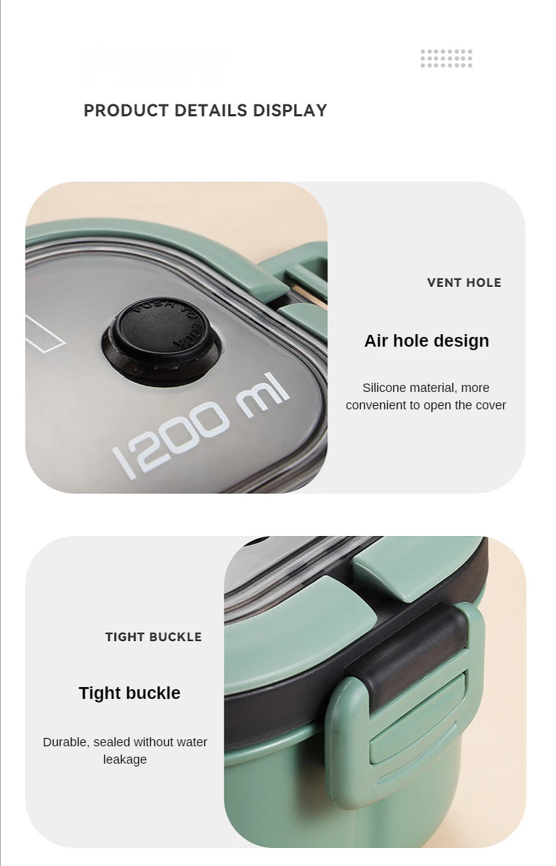 1200ML 2 Layer Bento Lunch Box With Spoon Fork, Kid High Capacity Microwae Food Containers Portable Leakproof Office Camping