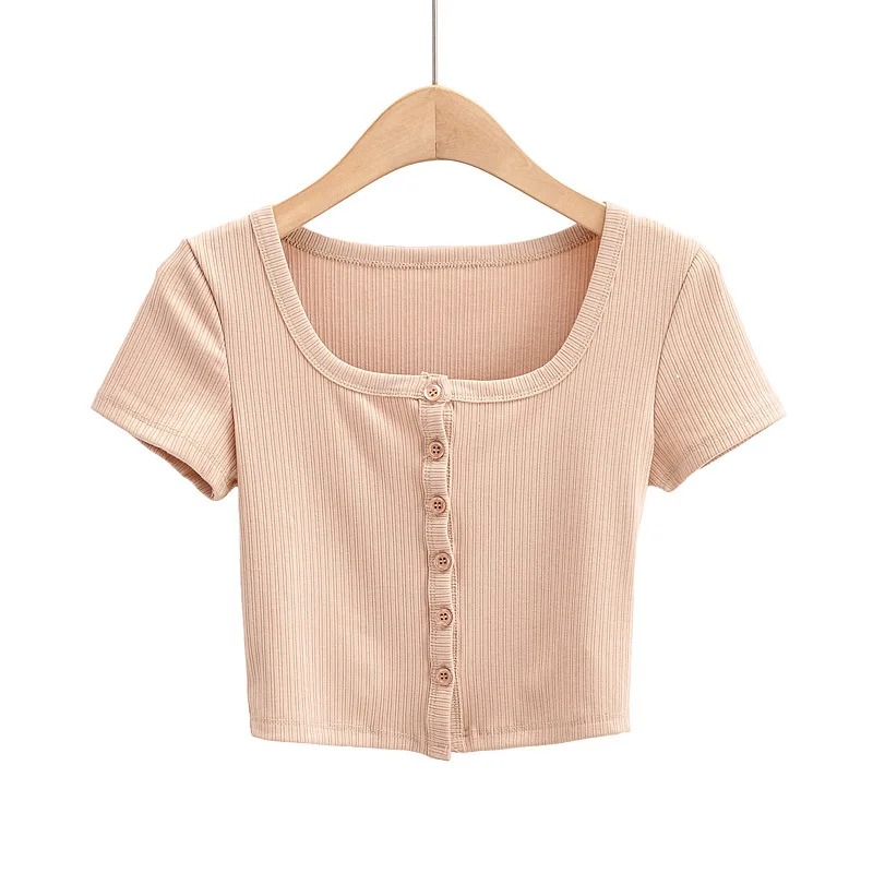 Women Rib Button Through Short Sleeve Top