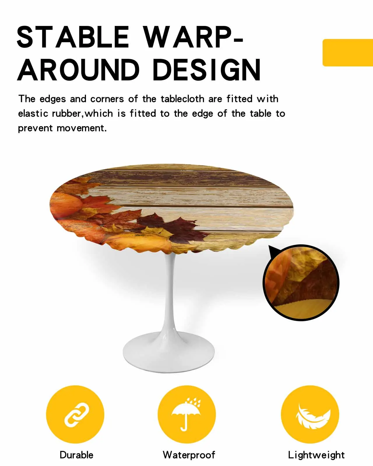 

Pumpkin Leaf And Wood Grain Round Elastic Edged Table Cover Protector Cloth Waterproof Rectangle Fitted Tablecloth