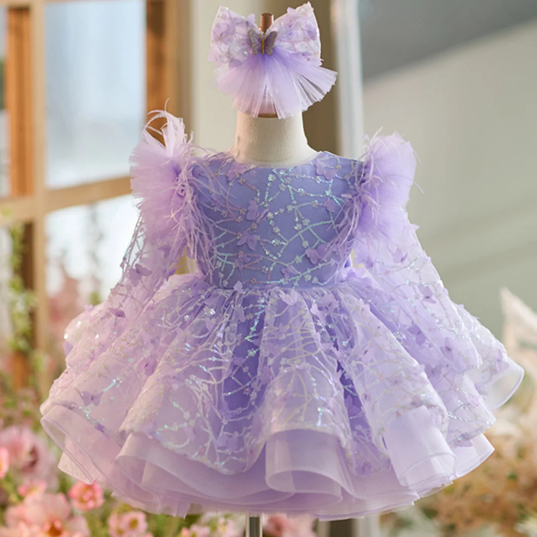 

Customized Purple Flower Girl Dress Sequin Puffy Appliques With Bow Long Sleeve For Wedding Birthday Prom Holy Communion Gown