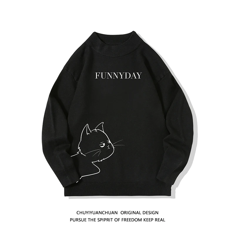 

Korean Sle Fce Lined Loose Fit Long Sve Men's Knitwear Casual f High Collar Trendy Oversize Top for Autumn Winter