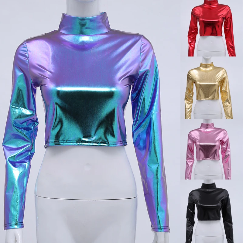 

Short Tops Women Shiny PU Top High Street Turtleneck Dance Clubwear Long Sleeve Tops Nightclub Stage Shows Perfermence Costumes