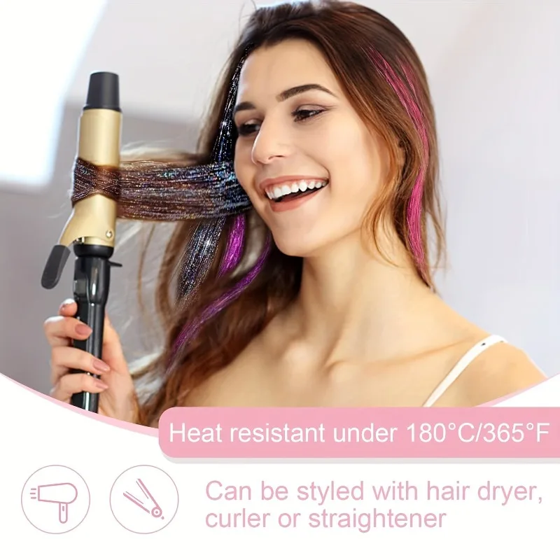 Extensiones de cabello con oropel dorado láser más vendidas, 12 piezas de cabello de arcoíris en caja de colores, peinado de fiesta brillante, accesorios para el cabello