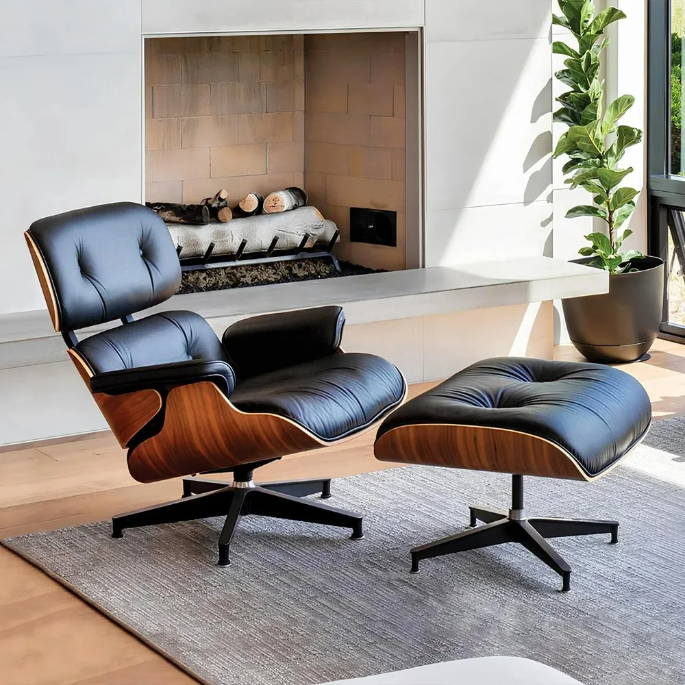 Top Grain Leather Lounge Chairs, Solid Wood Furniture Indoor Chairs Chaise Lounge Chair and Ottoman Mid Century Lounge Chair