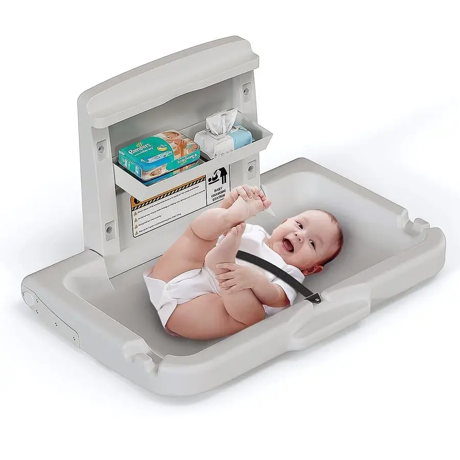 

Wall Mounted Baby Changing Station Horizontal Baby Foldable Wall Mounted Changing Table with Safety Strap Paper Holder for Comme