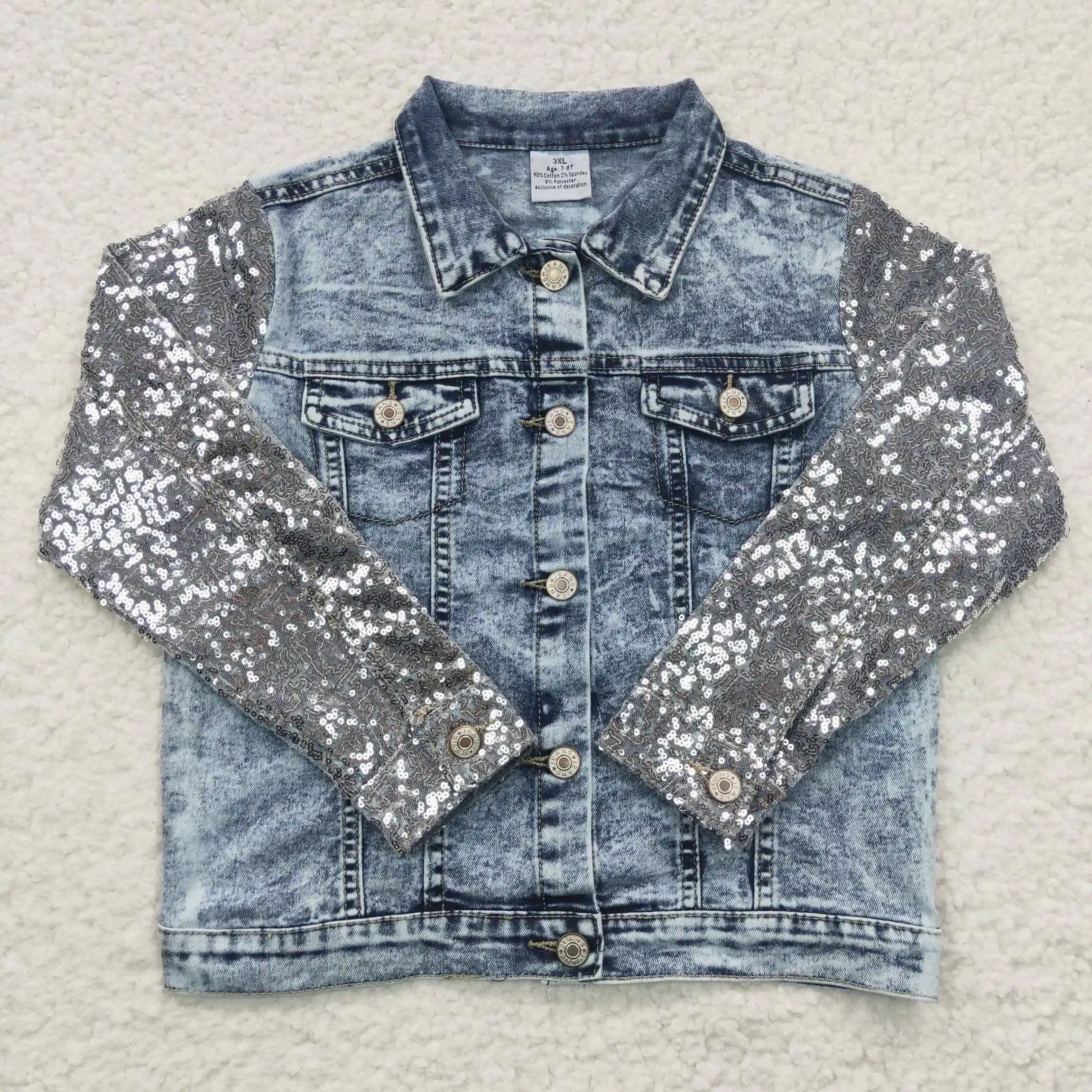 GT0148 Fashion Baby Girls Clothes Sequins Long Sleeve Denim Jacket Kids Boutique Items
