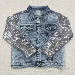 GT0148 Fashion Baby Girls Clothes Sequins Long Sleeve Denim Jacket Kids Boutique Items