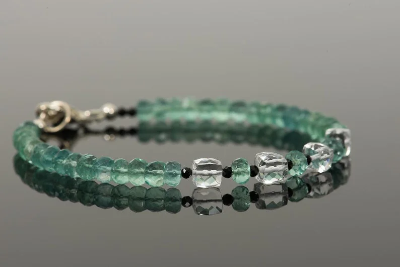 Green Fluorite White Quartz and Black Spinel Delicate Bracelet, Genuine Green Gemstone Sparkle Jewelry