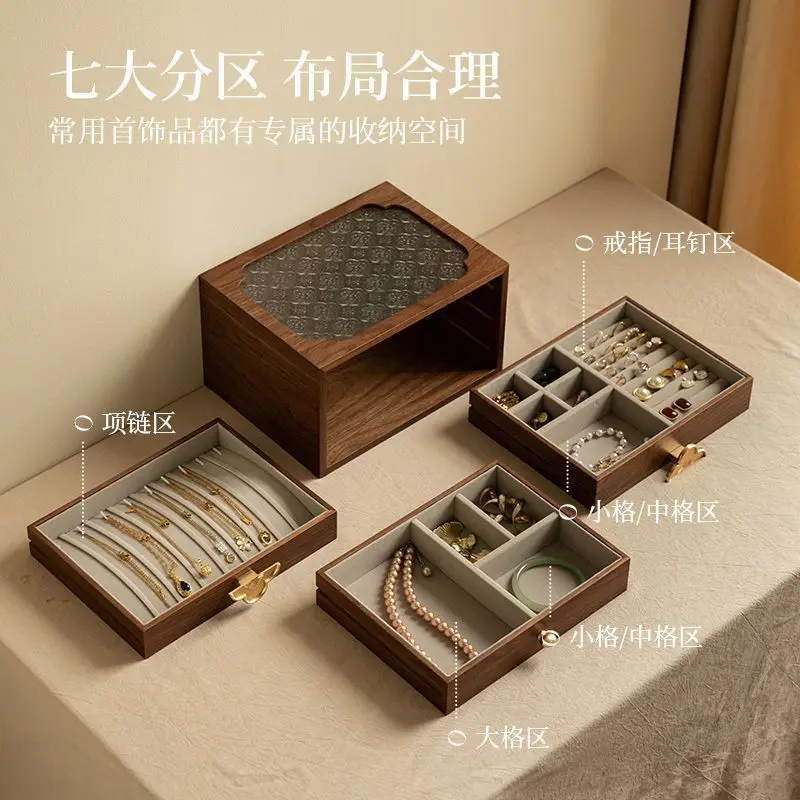 Flower glass storage box, retro wooden desktop finishing, flip cover decoration, dressing table jewelry box.