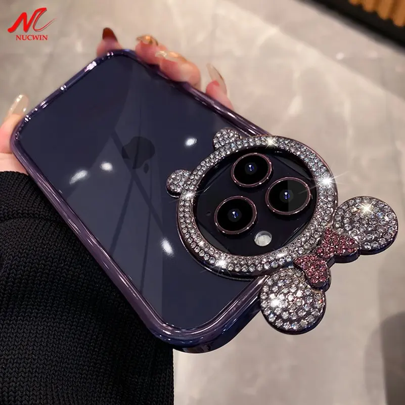 Luxury Bling Diamond Bear Ear Case for iPhone 14 Pro Max 15 Pro 11 12 13 Pro Max 15 Plus Plating Transparent Silicone Soft Cover