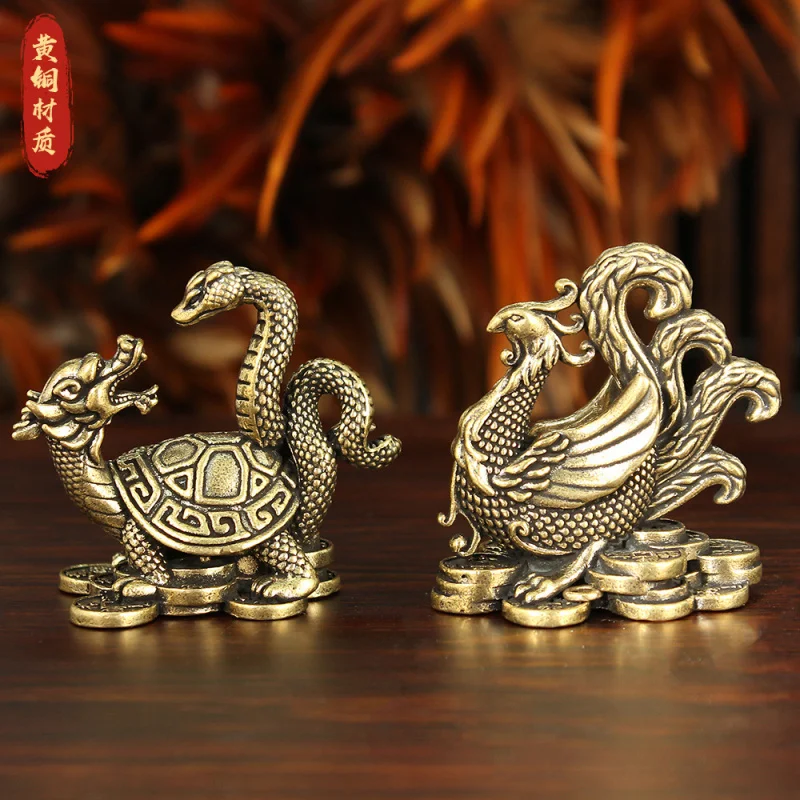 

New Four Mythical Beasts Brass Ornaments: Green Dragon, White Tiger, Vermilion Bird, Black Granite for Living Room, Office, Tea