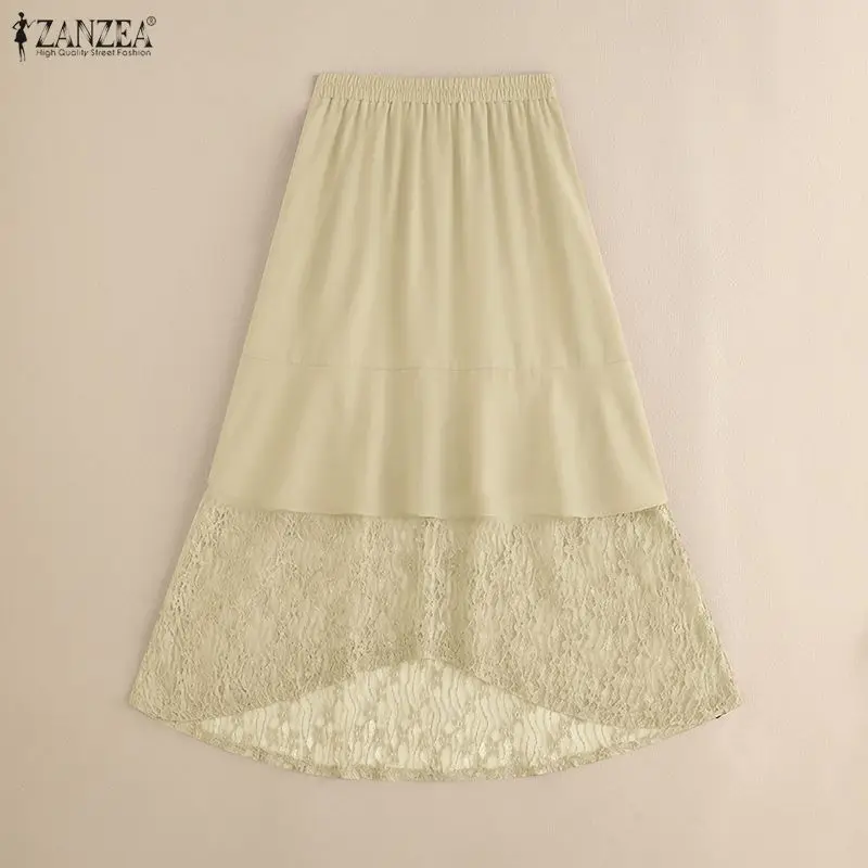 2026 ZANZEA Spring Lace Patchwork Skirt Women Jupe Stylish Hollow Out Party Skirt Elastic Waist A-line Solid OL Work Faldas Saia