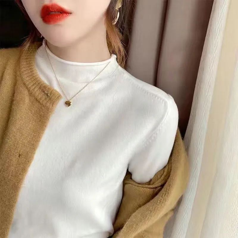 

Knitted Sweater Women Pullovers New Long Sleeve Mock Neck White Knit Sweater Pullover Women Tops Sweaters Sueters De Mujer Q1043