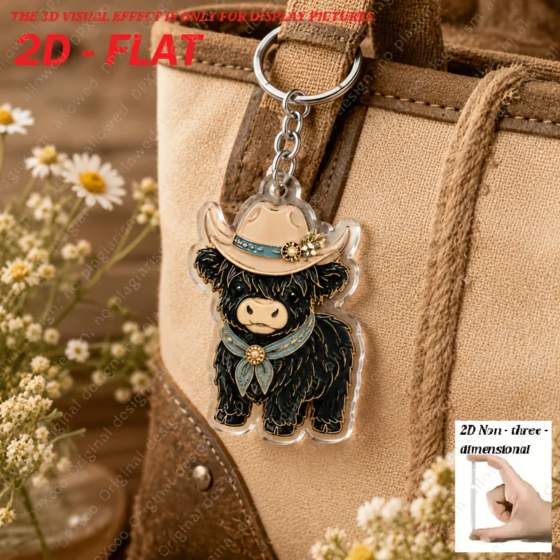 2D FLAT 6pcs Western Pastoral Highland Cow Acrylic Keychain , Little Daisy Hat Bandana Plush Calf Keyring, Farm Animal Bag Charm