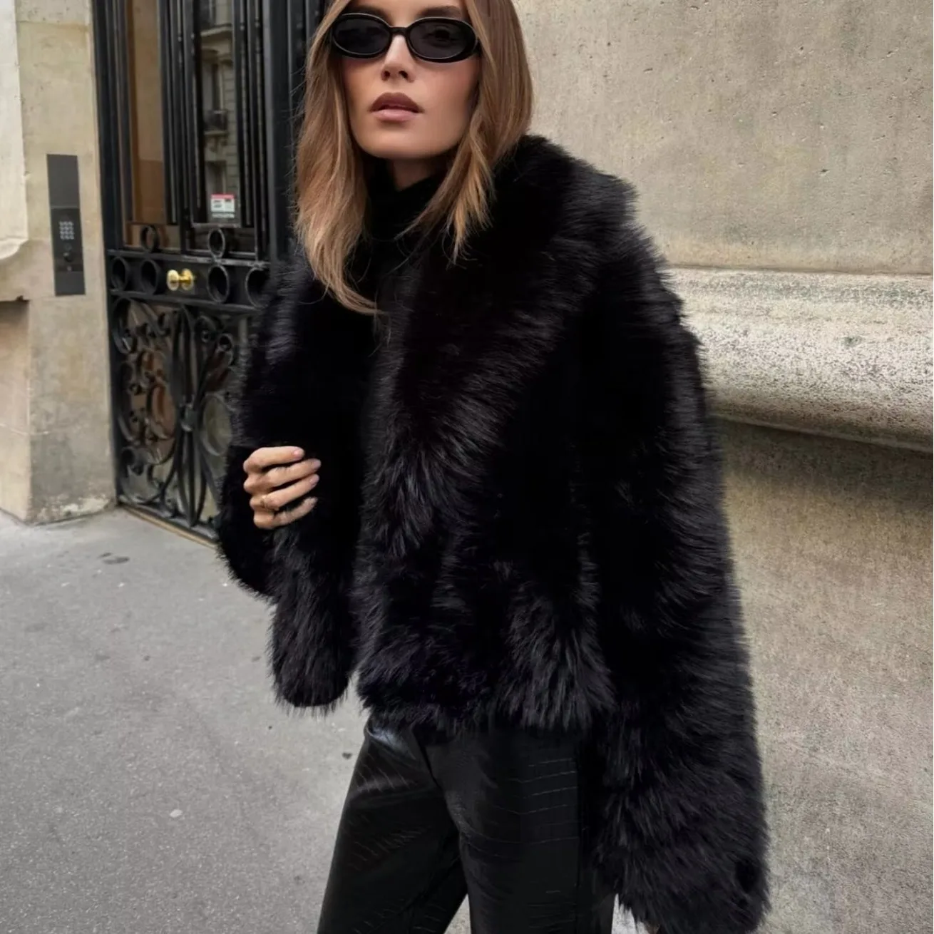 Women Faux Fur Coat Warm Winter Long Sleeve Turndown Collar Female Coats 2024 Elegant Fashion Black Streetwear Ladies Outwear