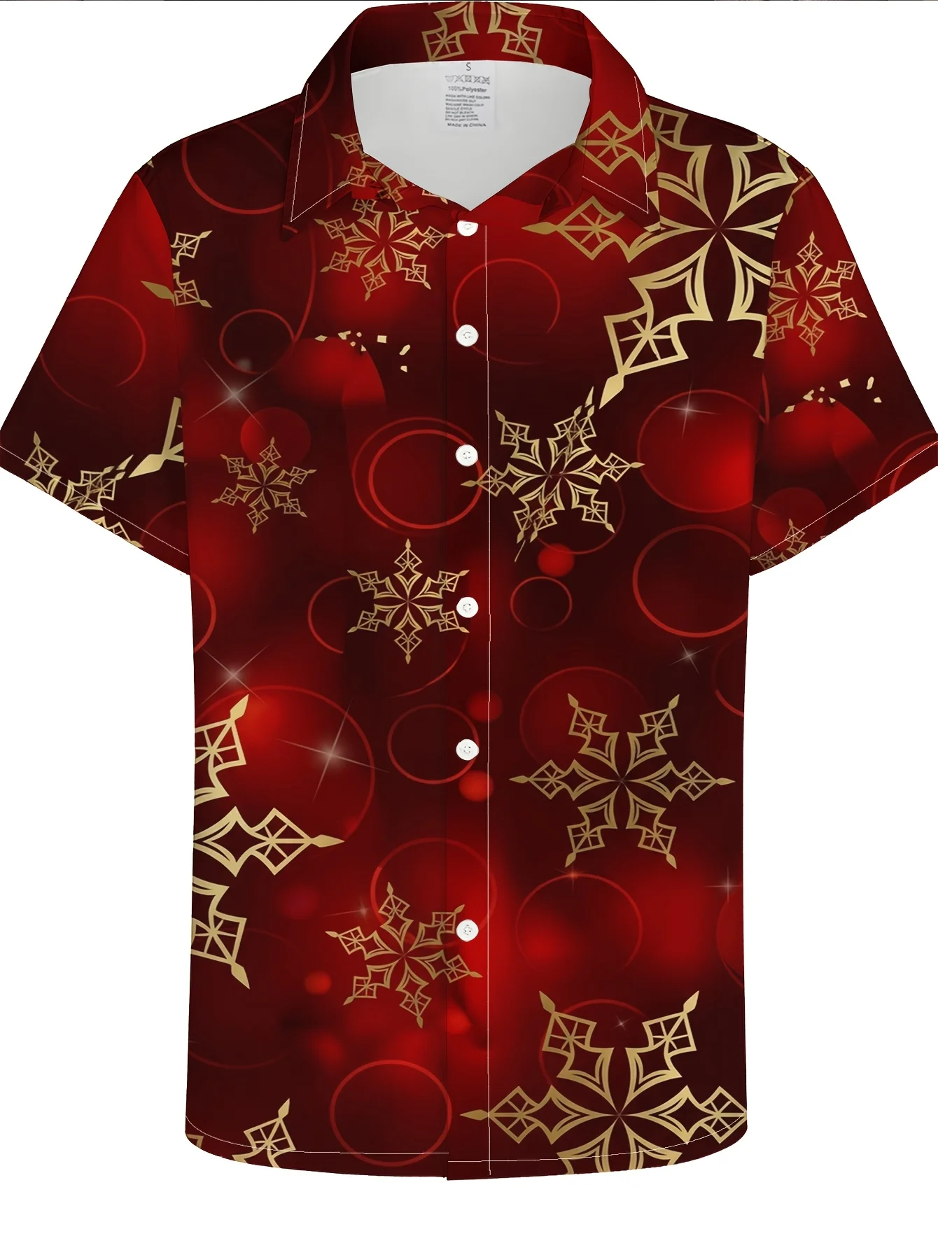 Men Short Sleeve Shirt Red Golden Snowflake Xmas Ornament Print Turn‑Down Collar Button‑Up Holiday Top